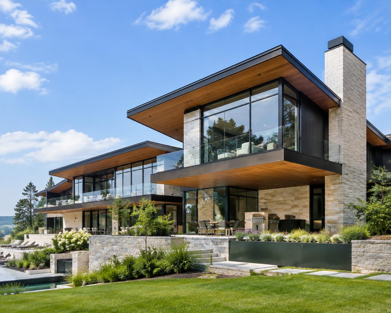 Elaborate modern custom home with cantilevered volumes, stone chimney, and glass walls in daylight