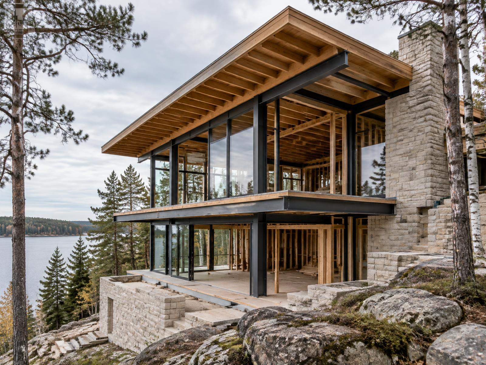 Contemporary lakeside home showing exposed timber and steel structure